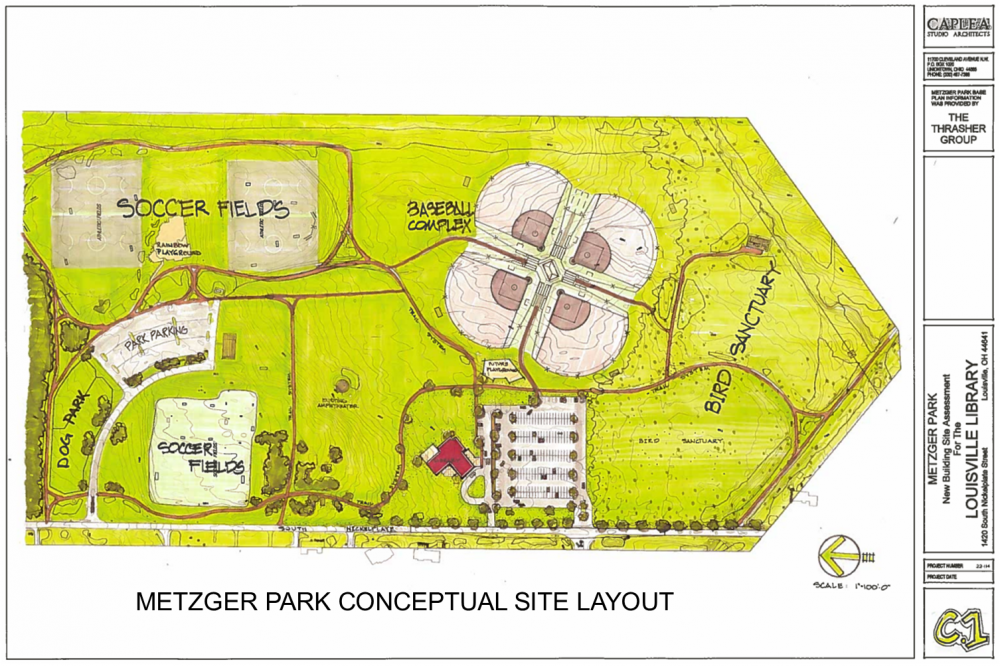 Layout of Metzger Park.  Library is in red.