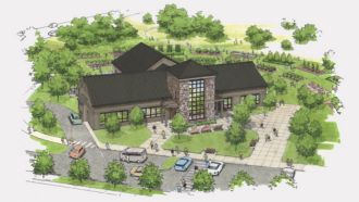 Exterior rendering of the library at Metzger Park