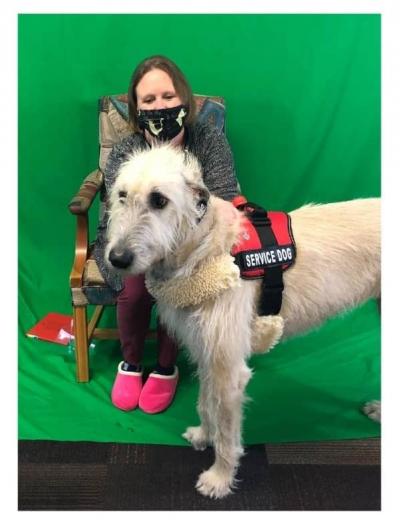 Department Manager Ms Tracey with Irish Wolfhound Murphy